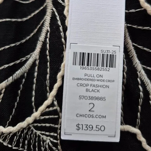Chico's embroidered wide-leg cropped pants, black/neutral, sizes M and L - Picture 8 of 10